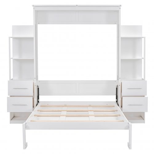 Full Size Murphy Bed Wall Bed with Shelves, Drawers and LED Lights