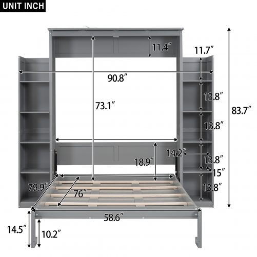 Full Size Murphy Bed Wall Bed with Shelves and LED Lights