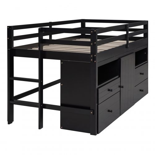 Twin Size Loft Bed With 4 Drawers, Underneath Cabinet And Shelves