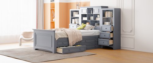 Twin Size Wood Platform Bed With Vertical All-in-one Cabinet And 4 Drawers On Each Side