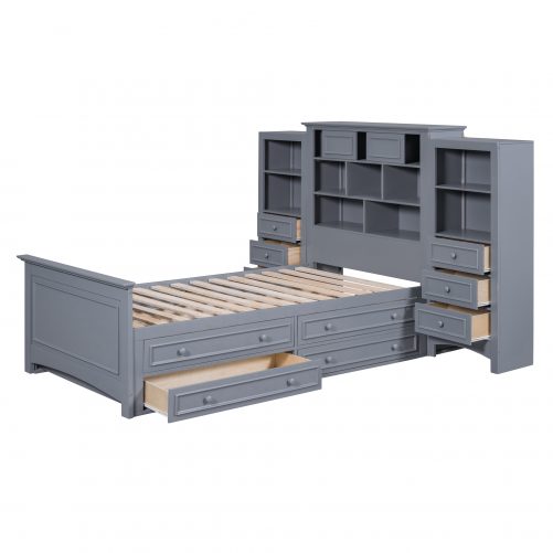 Twin Size Wood Platform Bed With Vertical All-in-one Cabinet And 4 Drawers On Each Side