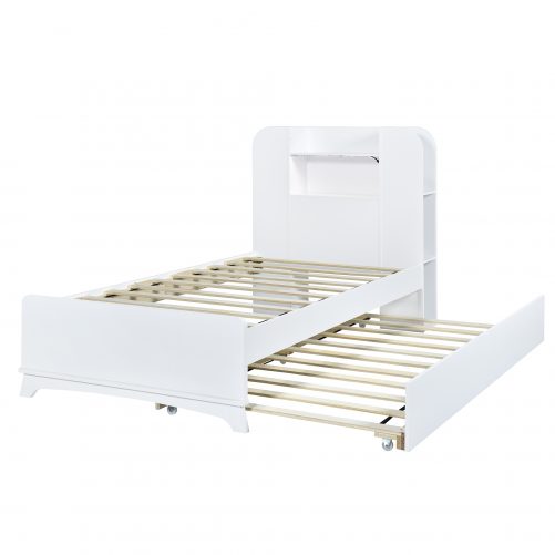 Twin Size Storage Platform Bed Frame with with Trundle and Light Strip Design in Headboard