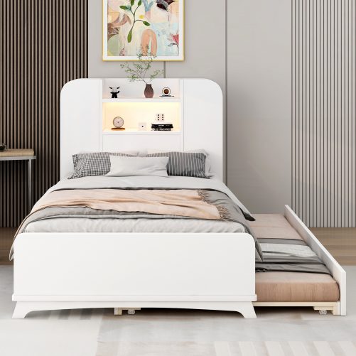 Twin Size Storage Platform Bed Frame with with Trundle and Light Strip Design in Headboard