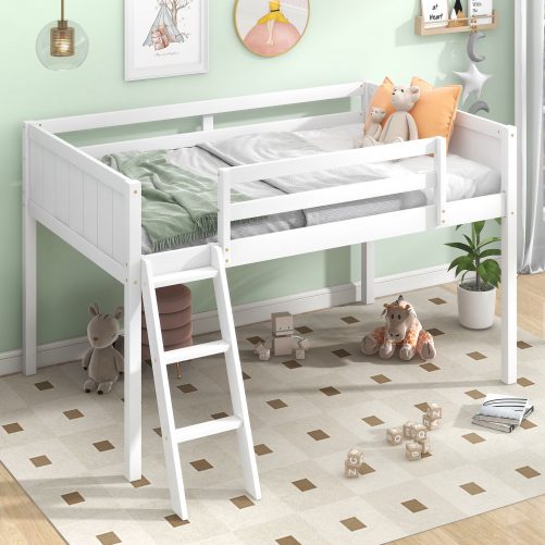 Twin Size Wood Low Loft Bed With Ladder, Ladder Can Be Placed On The Left Or Right