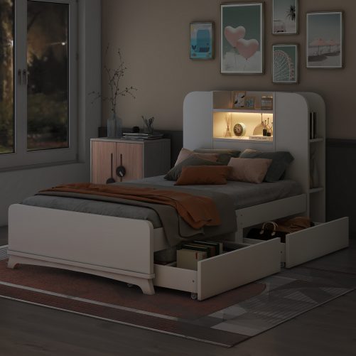 Twin Size Storage Platform Bed Frame with with Two Drawers and Light Strip Design in Headboard