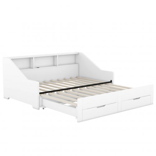 Twin To King Size Daybed Frame With Storage Bookcases And Two Drawers, Charging Design