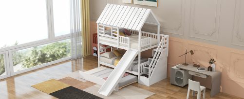 Twin over Twin House Bunk Bed with Trundle and Slide, Storage Staircase, Roof and Window Design