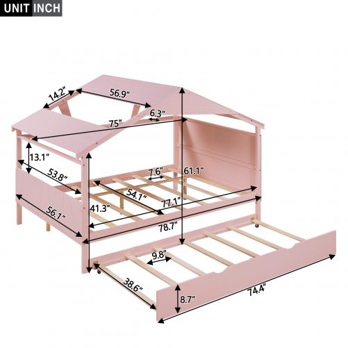 Wood Full Size House Bed with Twin Size Trundle and Storage