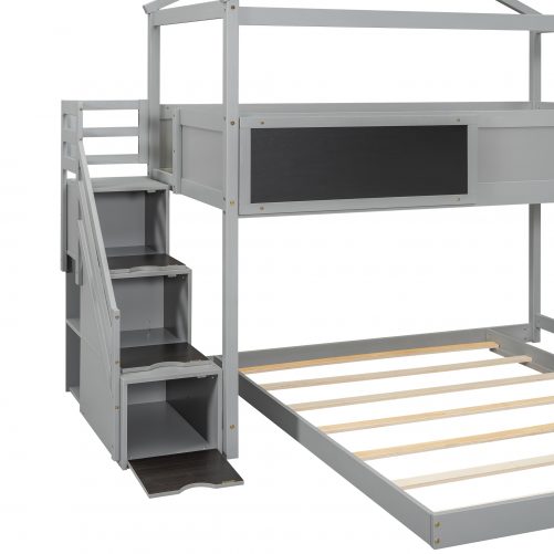 Twin over Full House Bunk Bed with Storage Staircase and Blackboard