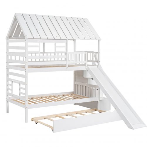 Twin over Twin House Bunk Bed with Trundle and Slide, Storage Staircase, Roof and Window Design