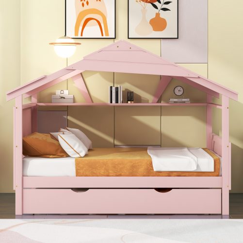 Wood Full Size House Bed with Twin Size Trundle and Storage
