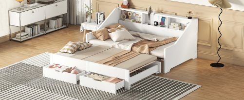 Twin To King Size Daybed Frame With Storage Bookcases And Two Drawers, Charging Design