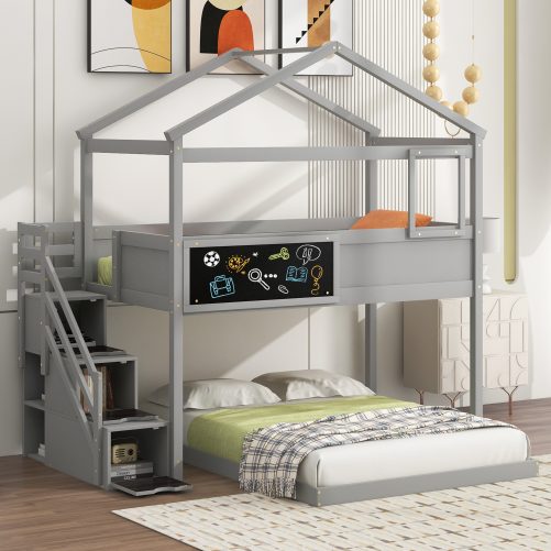 Twin over Full House Bunk Bed with Storage Staircase and Blackboard