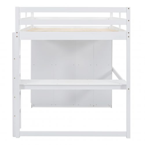 Wood Full Size Loft Bed with Built-in Wardrobe, Desk, Storage Shelves and Drawers