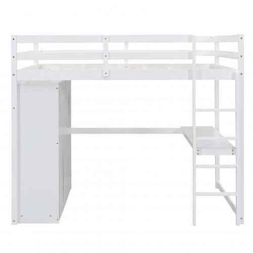 Wood Full Size Loft Bed with Built-in Wardrobe, Desk, Storage Shelves and Drawers