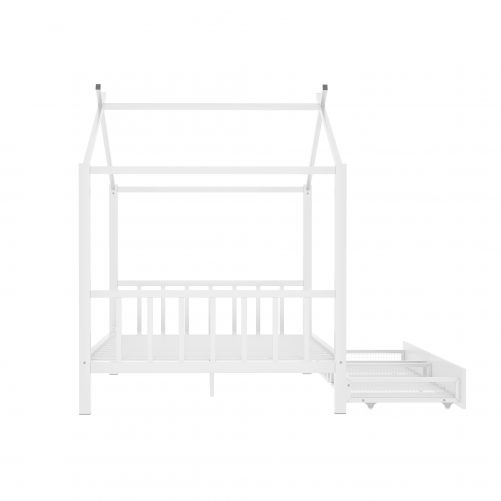 Full Size Metal House Platform Bed with Two Drawers,Headboard and Footboard,Roof Design