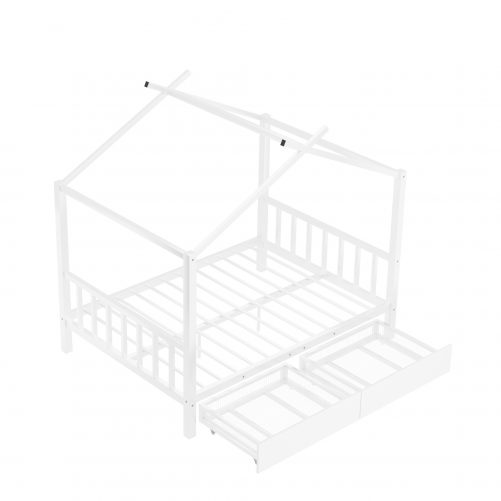 Full Size Metal House Platform Bed with Two Drawers,Headboard and Footboard,Roof Design