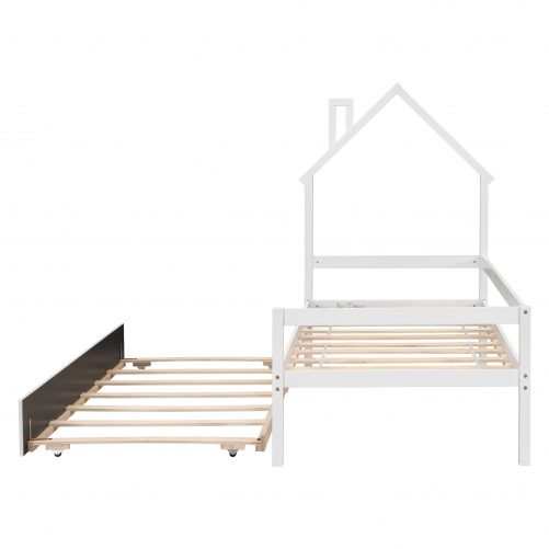 Twin House-Shaped Headboard bed with Guardrails and Trundle