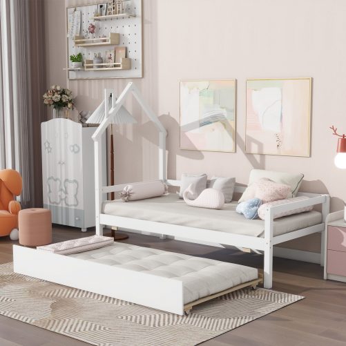 Twin House-Shaped Headboard bed with Guardrails and Trundle