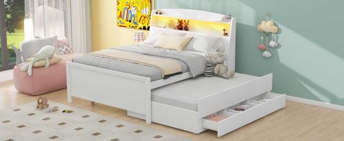 Full Size Platform Bed with Storage LED Headboard, Twin Size Trundle and 3 Drawers