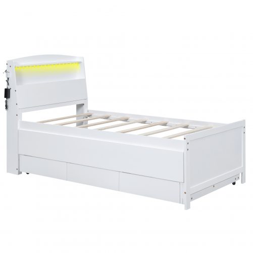 Twin Size Platform Bed with Storage LED Headboard, Twin Size Trundle and 3 Drawers