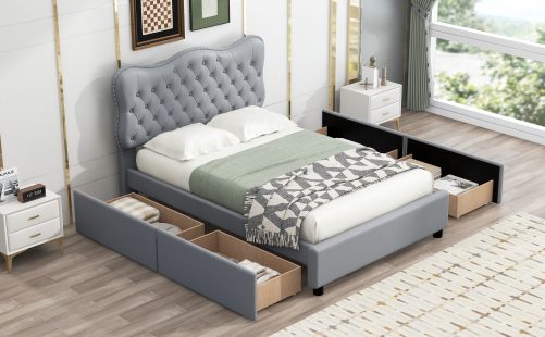 Full Size PU Leather Upholstered Platform Bed with 4 Drawers