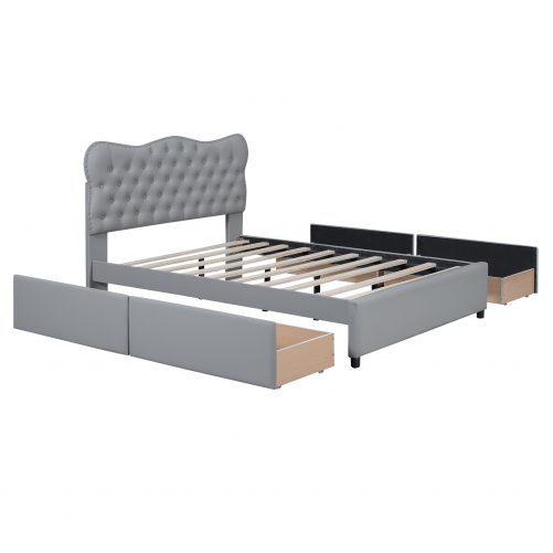 Full Size PU Leather Upholstered Platform Bed with 4 Drawers