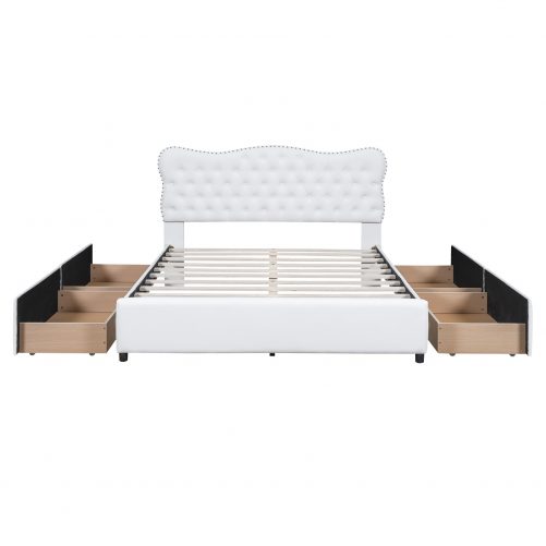 Queen Size PU Leather Upholstered Platform Bed with 4 Drawers