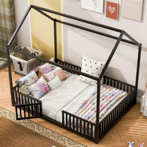 Full Size Metal House Bed With Fence And Door