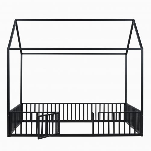 Full Size Metal House Bed With Fence And Door