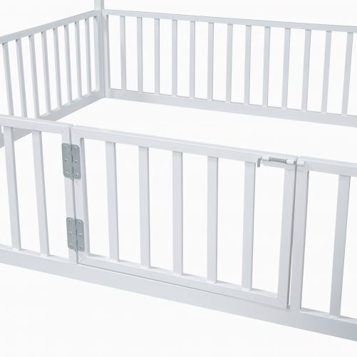 Twin Size Metal House Bed with Fence and Door