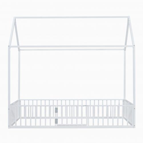 Twin Size Metal House Bed with Fence and Door