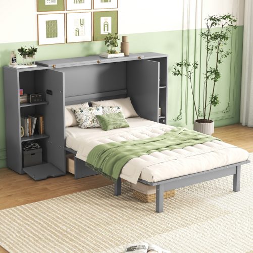 Queen Size Murphy Bed with Shelves, Drawers and USB Ports