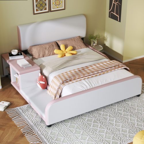 Full Size Upholstered Platform Bed with Storage Nightstand and Guardrail