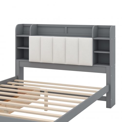 Wood Queen Size Platform Bed with Storage Headboard, Shelves and 2 Drawers