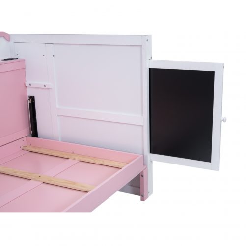 Wood Twin Size House Murphy Bed with USB, Storage Shelves and Blackboard