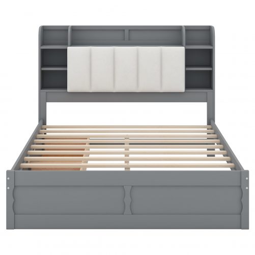 Wood Queen Size Platform Bed with Storage Headboard, Shelves and 2 Drawers