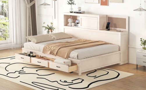 Full Size Wooden Daybed With 3 Storage Drawers, Upper Soft Board, Shelf, And A Set Of Sockets And USB Ports