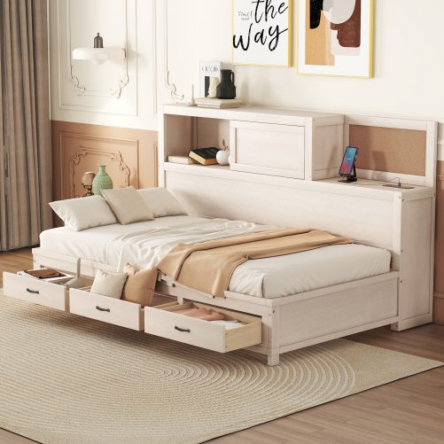 Twin Size Wooden Daybed With 3 Storage Drawers, Upper Soft Board, Shelf, And A Set Of Sockets And USB Ports