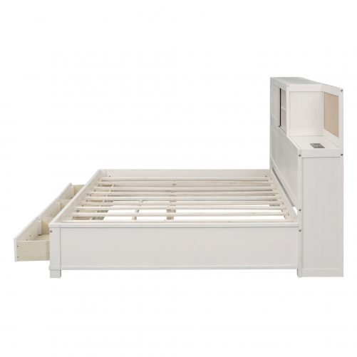 Full Size Wooden Daybed With 3 Storage Drawers, Upper Soft Board, Shelf, And A Set Of Sockets And USB Ports