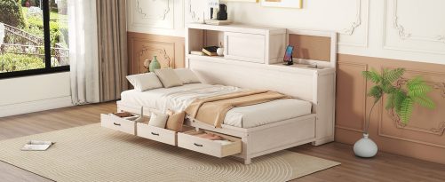 Twin Size Wooden Daybed With 3 Storage Drawers, Upper Soft Board, Shelf, And A Set Of Sockets And USB Ports