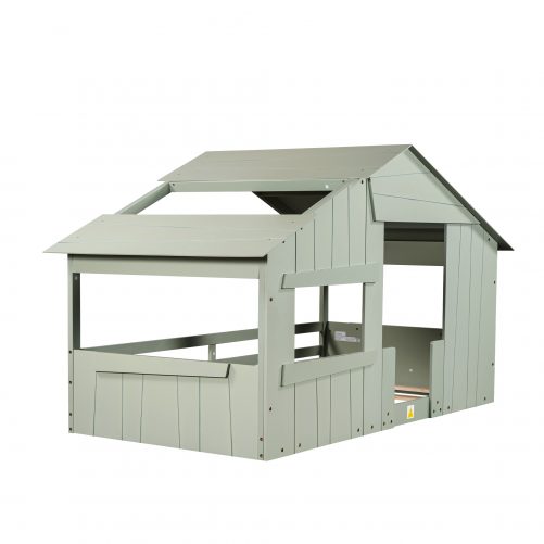 Wood Twin Size House Bed with Roof, Window and Guardrail