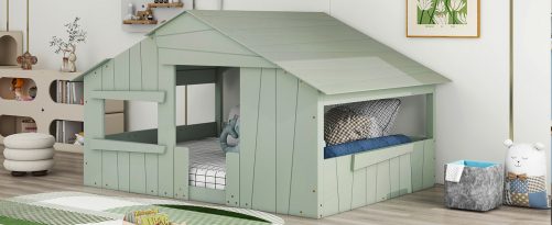 Wood Full Size House Bed With Roof, Window And Guardrail
