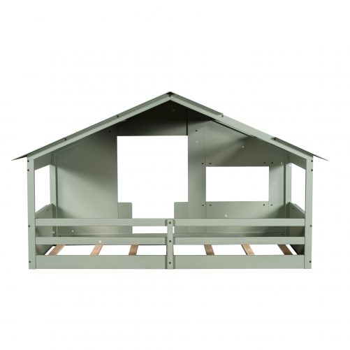 Wood Twin Size House Bed with Roof, Window and Guardrail
