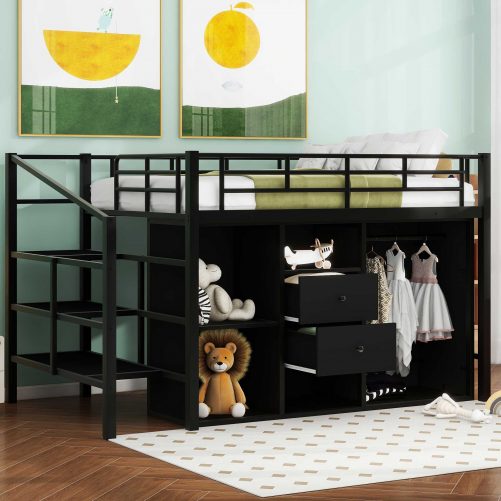 Full Size Metal Loft Bed With Drawers, Storage Staircase And Small Wardrobe