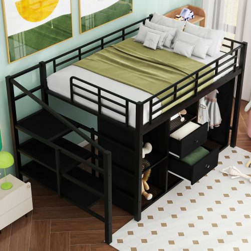 Full Size Metal Loft Bed With Drawers, Storage Staircase And Small Wardrobe