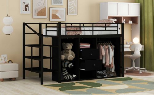 Twin Size Metal Loft Bed With Drawers, Storage Staircase And Small Wardrobe