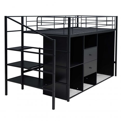 Twin Size Metal Loft Bed With Drawers, Storage Staircase And Small Wardrobe