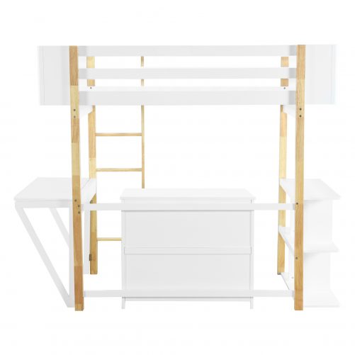 Twin Size Wood Loft Bed With Built-in Storage Cabinet and Cubes, Foldable Desk