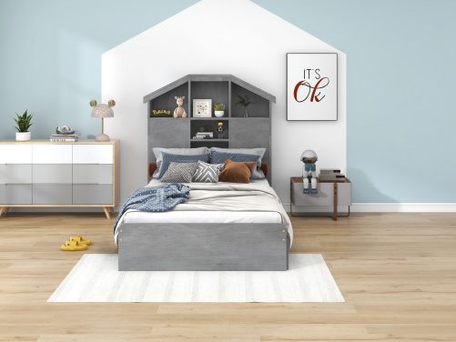 Twin Size Wood Platform Bed with House-shaped Storage Headboard and 2 Drawers